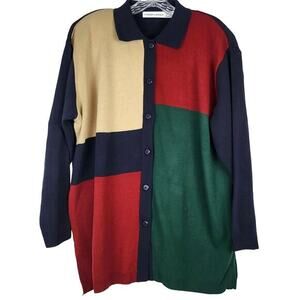 Karen Lessly Colorblock Button Cardigan Women 1X Navy Red Green Collared Vtg‎
